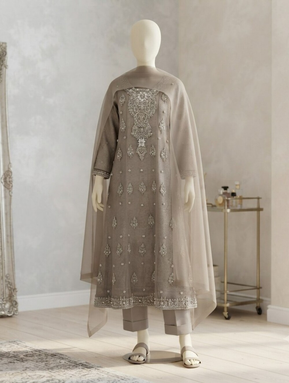 Embroidered Taupe Formal Kurta Set